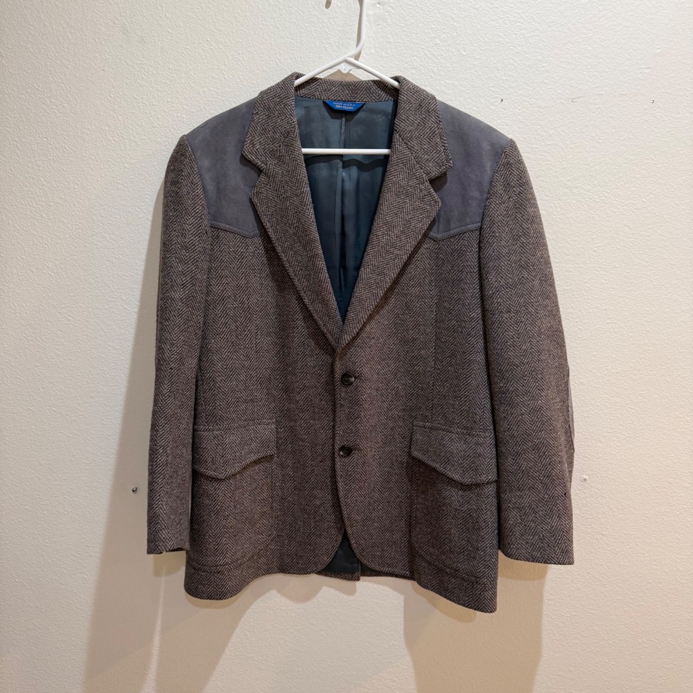 Pendleton Mens 40 Brown Herringbone Wool Western Blazer Suede Yokes USA Made
